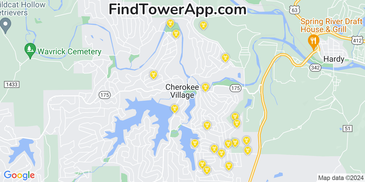 Verizon 4G/5G cell tower coverage map Cherokee Village, Arkansas