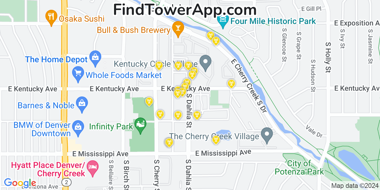AT&T 4G/5G cell tower coverage map Cherry Creek, Colorado