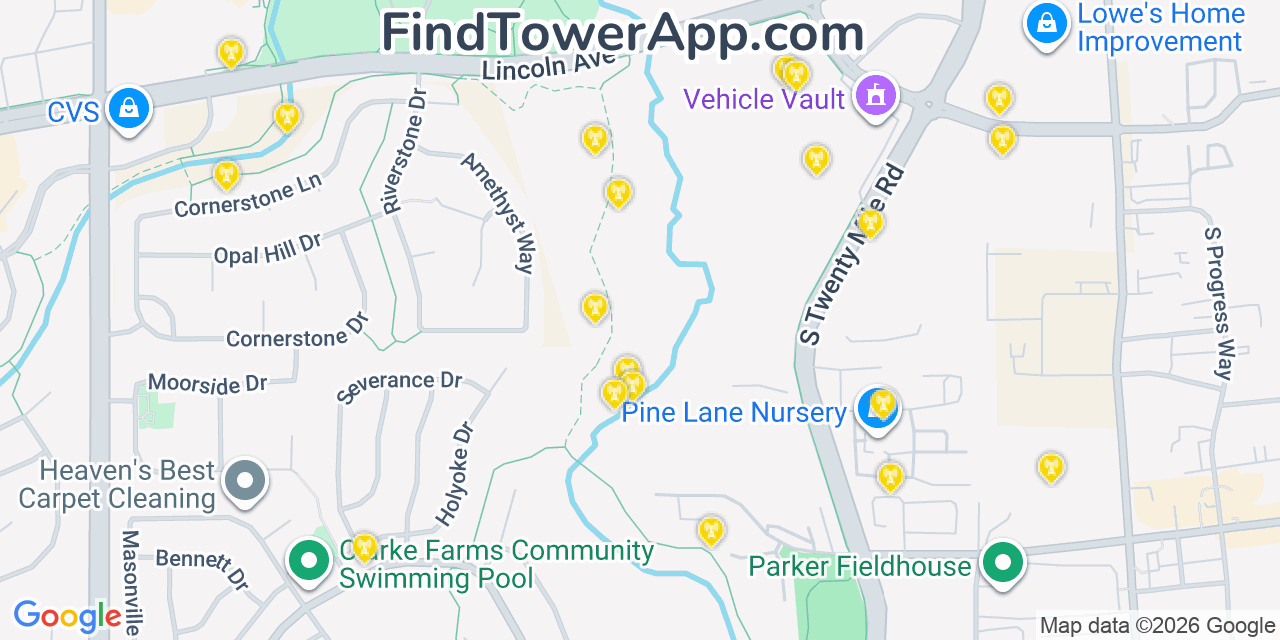 Map showing the 20 primary cell tower locations detected in Cherry Creek, Colorado from AT&T, Verizon, and T-Mobile networks