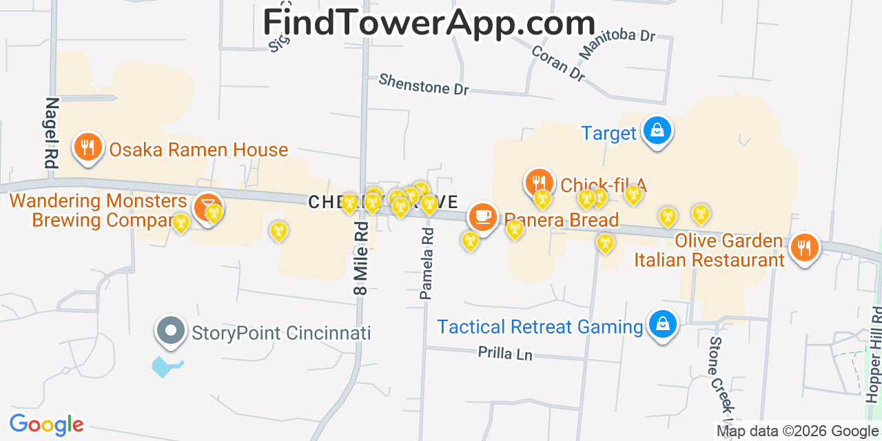 Map showing the 20 primary cell tower locations detected in Cherry Grove, Ohio from AT&T, Verizon, and T-Mobile networks