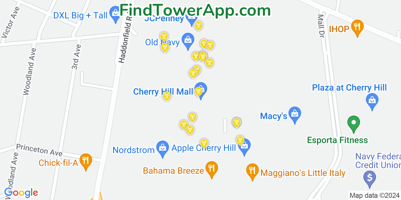 AT&T 4G/5G cell tower coverage map Cherry Hill Mall, New Jersey