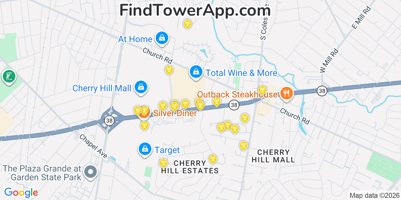 Map showing the 20 primary cell tower locations detected in Cherry Hill Mall, New Jersey from AT&T, Verizon, and T-Mobile networks