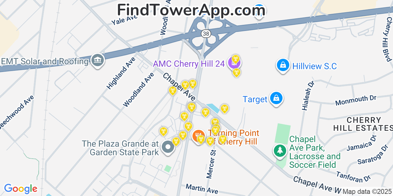 Map showing the 20 primary cell tower locations detected in Cherry Hill, New Jersey from AT&T, Verizon, and T-Mobile networks