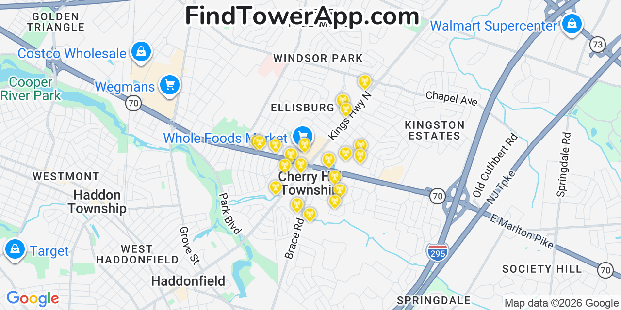 Map showing the 20 primary cell tower locations detected in Cherry Hill, New Jersey from AT&T, Verizon, and T-Mobile networks