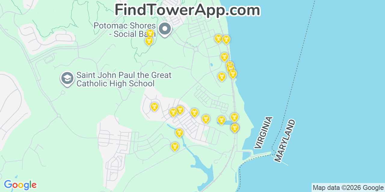 Map showing the 20 primary cell tower locations detected in Cherry Hill, Virginia from AT&T, Verizon, and T-Mobile networks