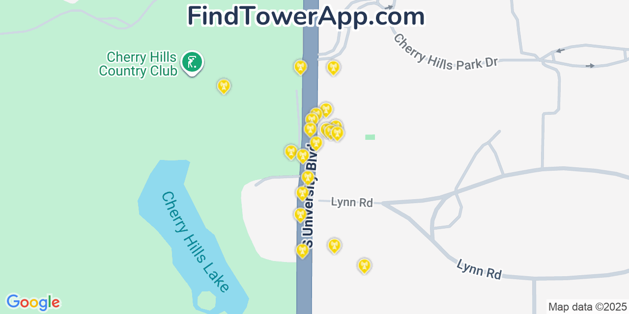 Map showing the 20 primary cell tower locations detected in Cherry Hills Village, Colorado from AT&T, Verizon, and T-Mobile networks