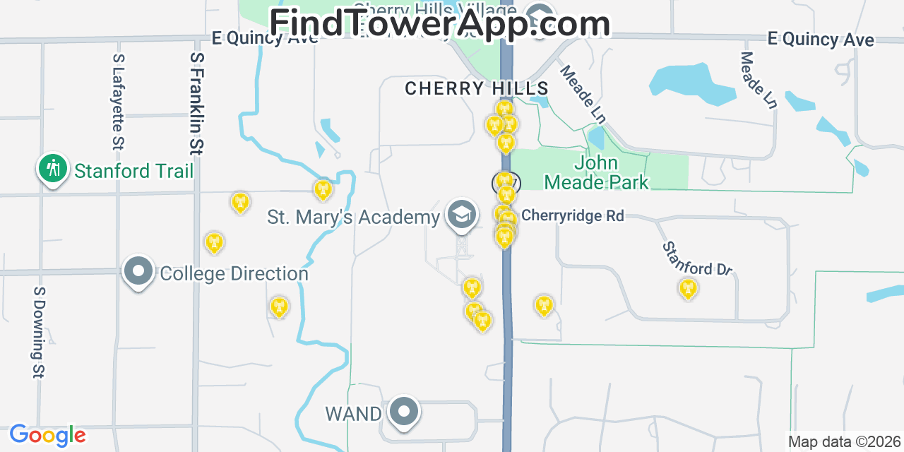 Map showing the 20 primary cell tower locations detected in Cherry Hills Village, Colorado from AT&T, Verizon, and T-Mobile networks