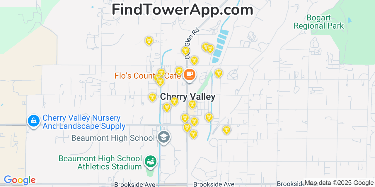 Map showing the 20 primary cell tower locations detected in Cherry Valley, California from AT&T, Verizon, and T-Mobile networks