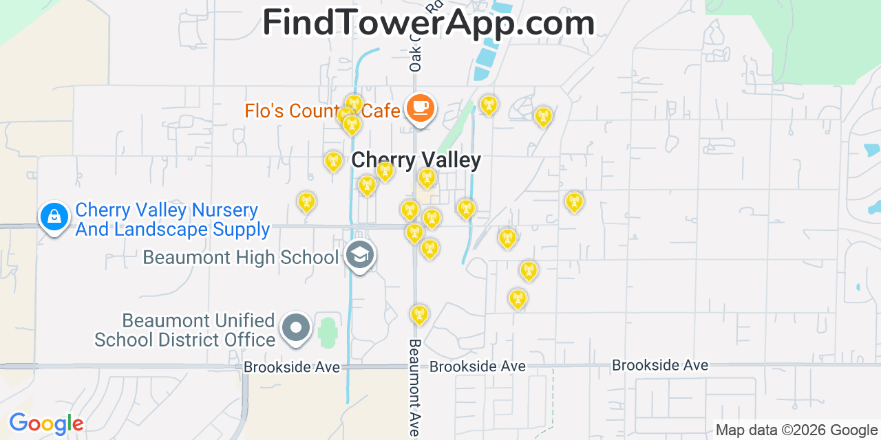 Map showing the 20 primary cell tower locations detected in Cherry Valley, California from AT&T, Verizon, and T-Mobile networks