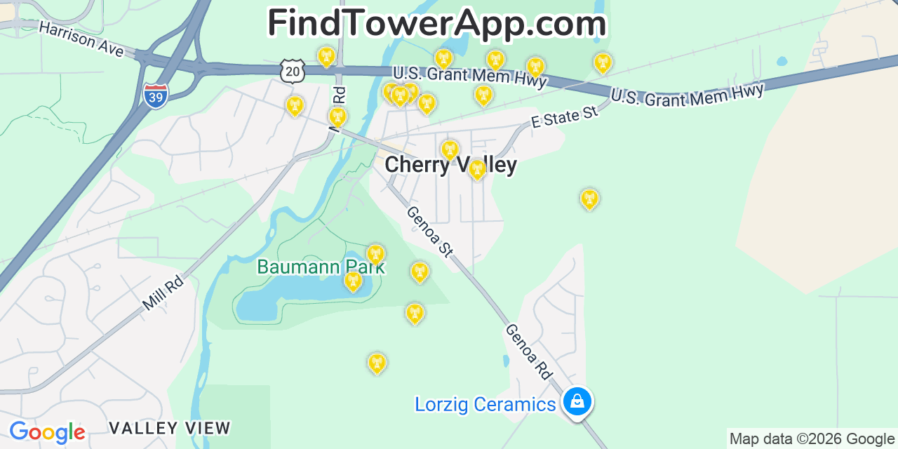 Map showing the 20 primary cell tower locations detected in Cherry Valley, Illinois from AT&T, Verizon, and T-Mobile networks