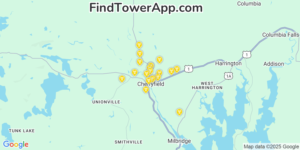 Map showing the 20 primary cell tower locations detected in Cherryfield, Maine from AT&T, Verizon, and T-Mobile networks