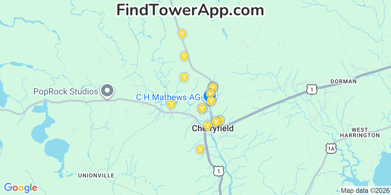 Map showing the 20 primary cell tower locations detected in Cherryfield, Maine from AT&T, Verizon, and T-Mobile networks