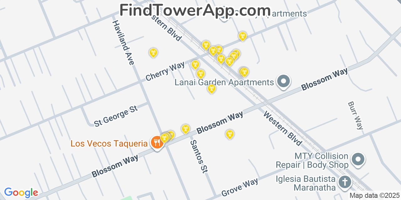 Map showing the 20 primary cell tower locations detected in Cherryland, California from AT&T, Verizon, and T-Mobile networks