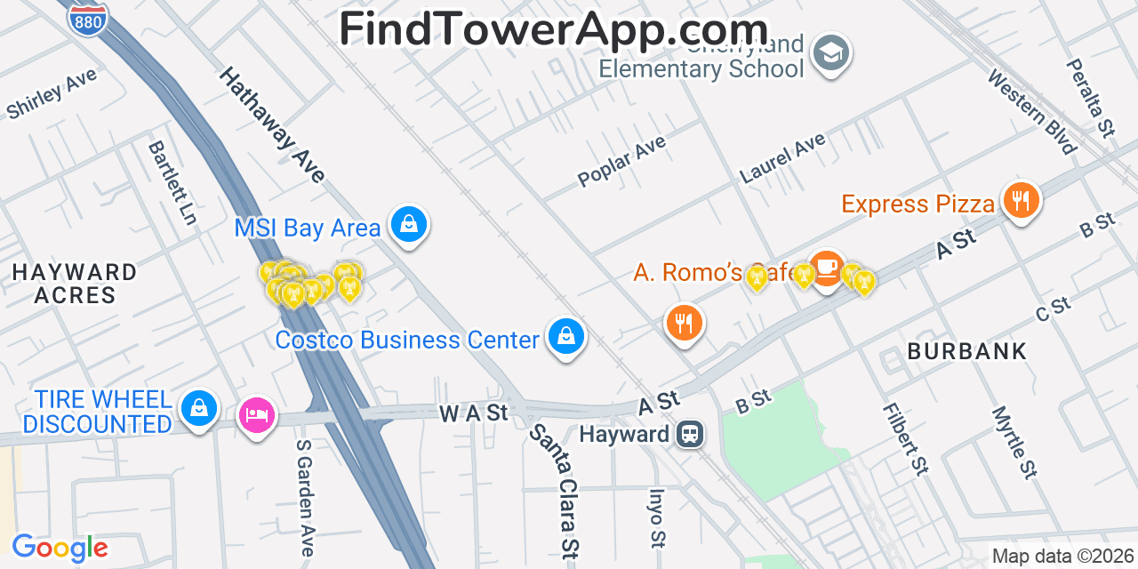 Map showing the 20 primary cell tower locations detected in Cherryland, California from AT&T, Verizon, and T-Mobile networks