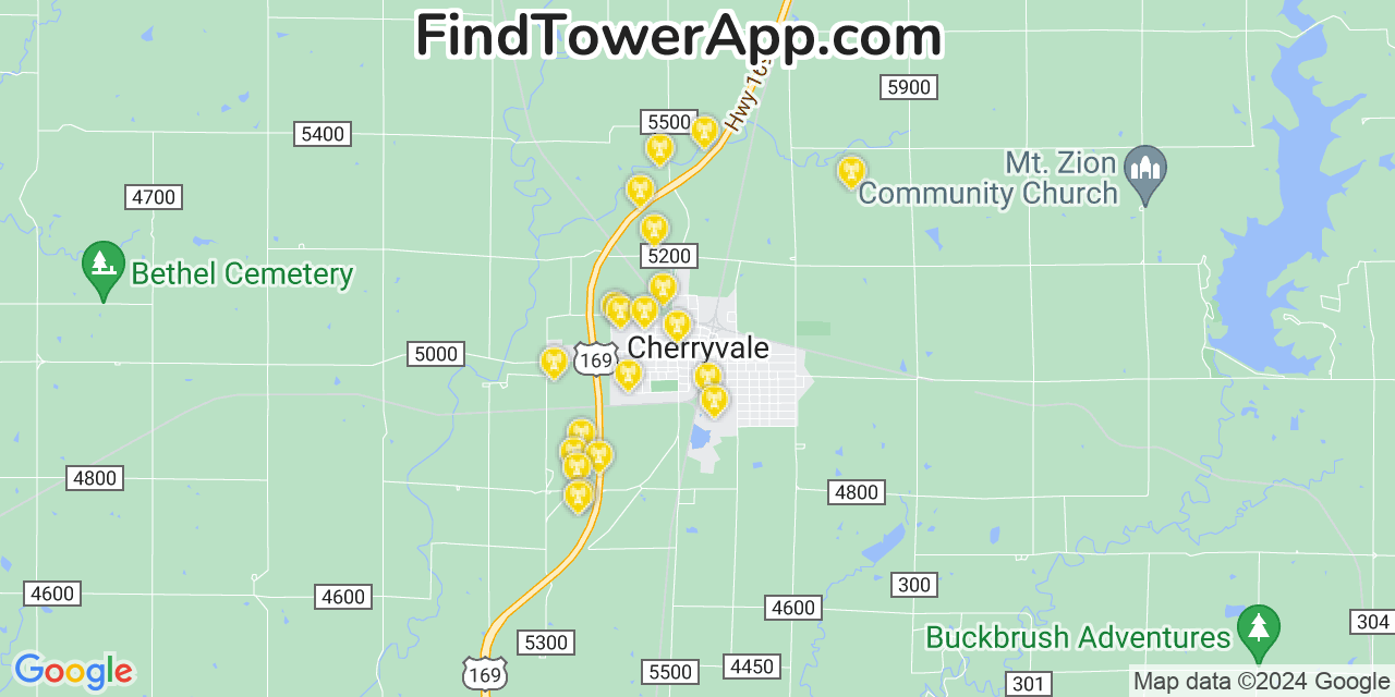 AT&T 4G/5G cell tower coverage map Cherryvale, Kansas