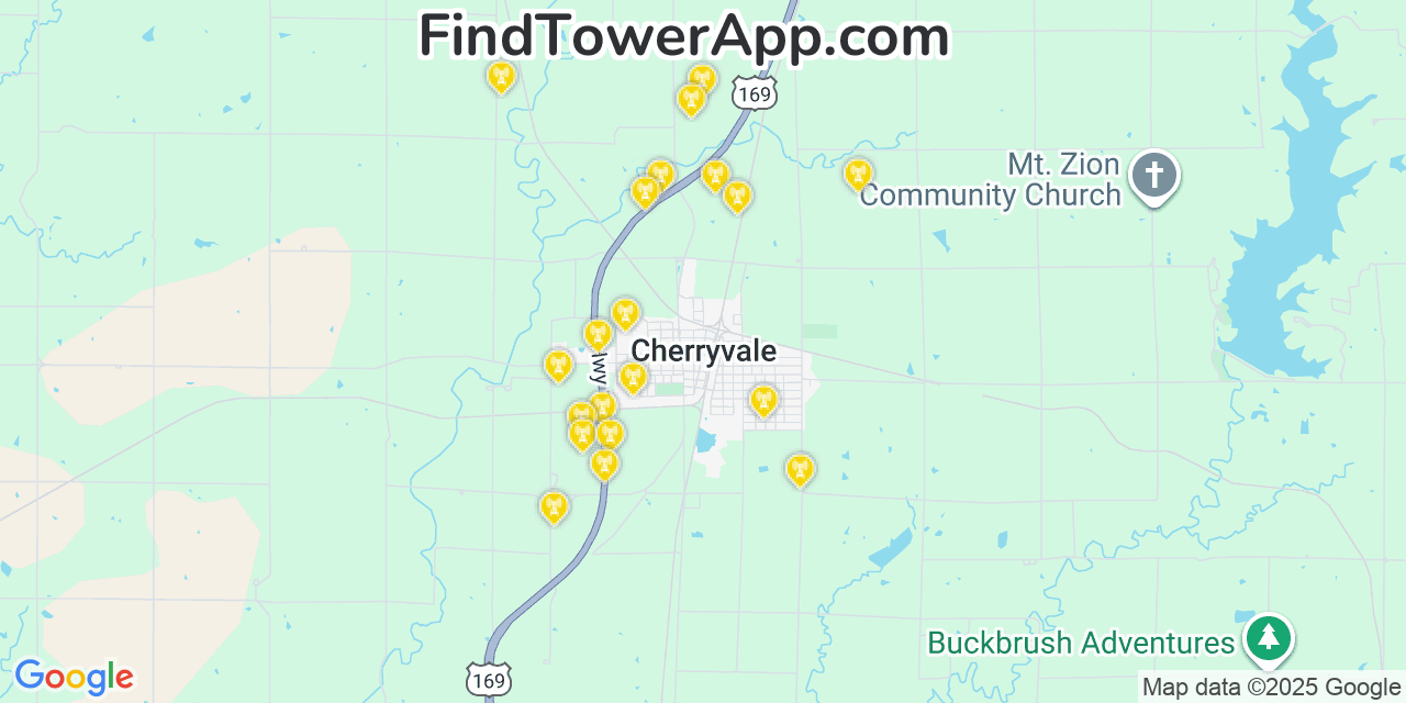 Map showing the 20 primary cell tower locations detected in Cherryvale, Kansas from AT&T, Verizon, and T-Mobile networks