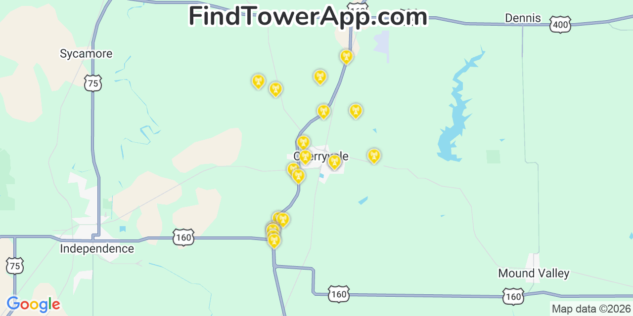 Map showing the 20 primary cell tower locations detected in Cherryvale, Kansas from AT&T, Verizon, and T-Mobile networks