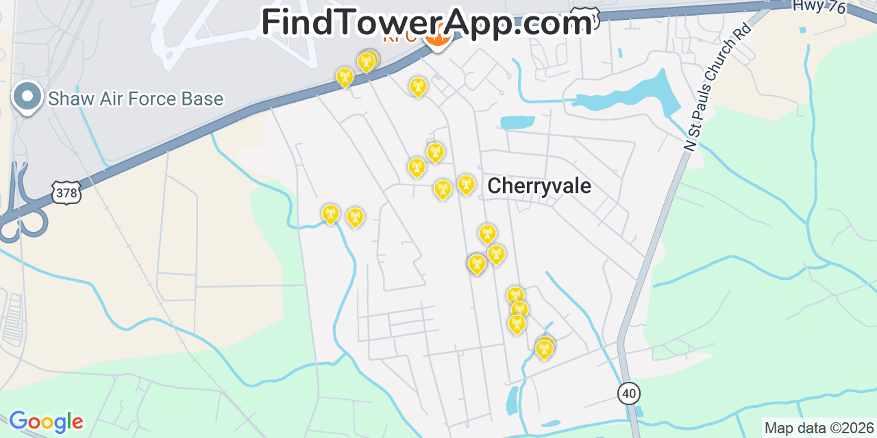 Map showing the 20 primary cell tower locations detected in Cherryvale, South Carolina from AT&T, Verizon, and T-Mobile networks