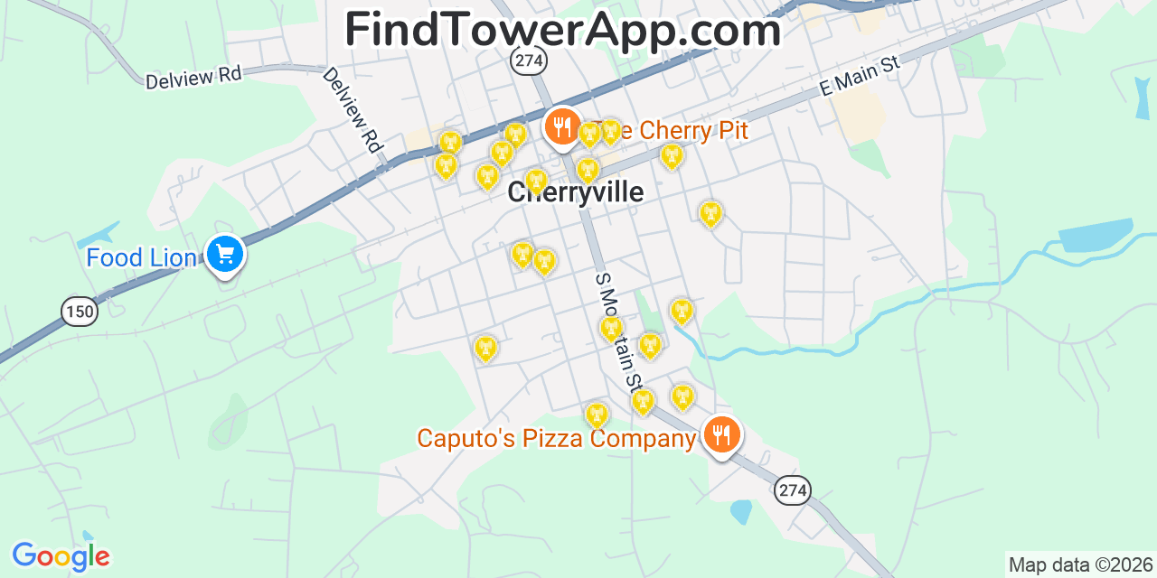Map showing the 20 primary cell tower locations detected in Cherryville, North Carolina from AT&T, Verizon, and T-Mobile networks