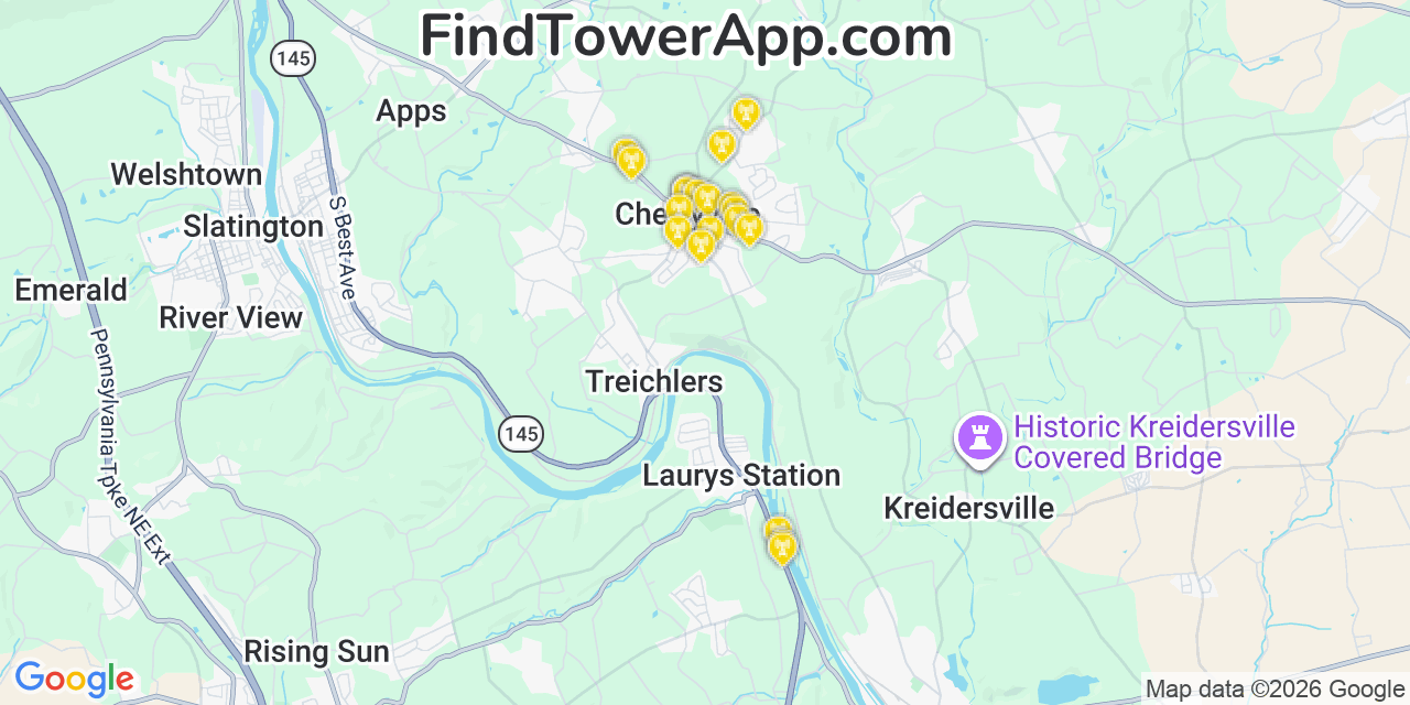 Map showing the 20 primary cell tower locations detected in Cherryville, Pennsylvania from AT&T, Verizon, and T-Mobile networks