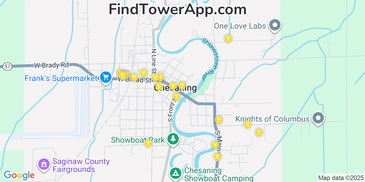 Map showing the 20 primary cell tower locations detected in Chesaning, Michigan from AT&T, Verizon, and T-Mobile networks