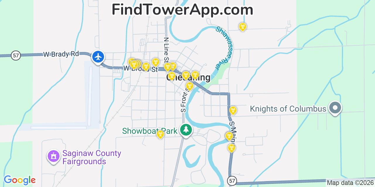 Map showing the 20 primary cell tower locations detected in Chesaning, Michigan from AT&T, Verizon, and T-Mobile networks