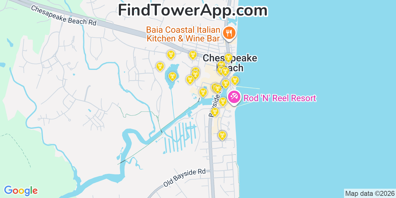Map showing the 20 primary cell tower locations detected in Chesapeake Beach, Maryland from AT&T, Verizon, and T-Mobile networks