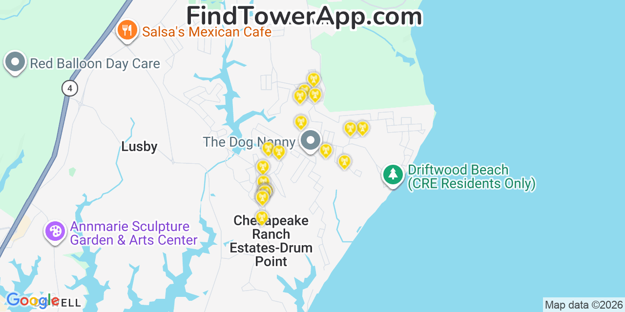 Map showing the 20 primary cell tower locations detected in Chesapeake Ranch Estates, Maryland from AT&T, Verizon, and T-Mobile networks