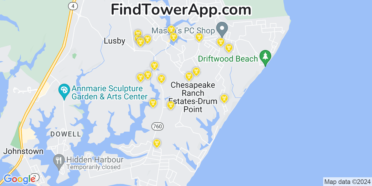 Verizon 4G/5G cell tower coverage map Chesapeake Ranch Estates, Maryland