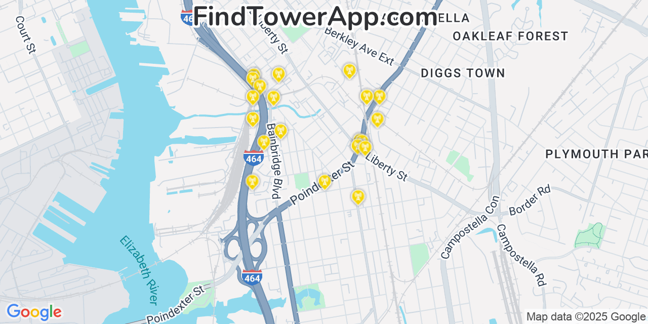 Map showing the 20 primary cell tower locations detected in Chesapeake, Virginia from AT&T, Verizon, and T-Mobile networks