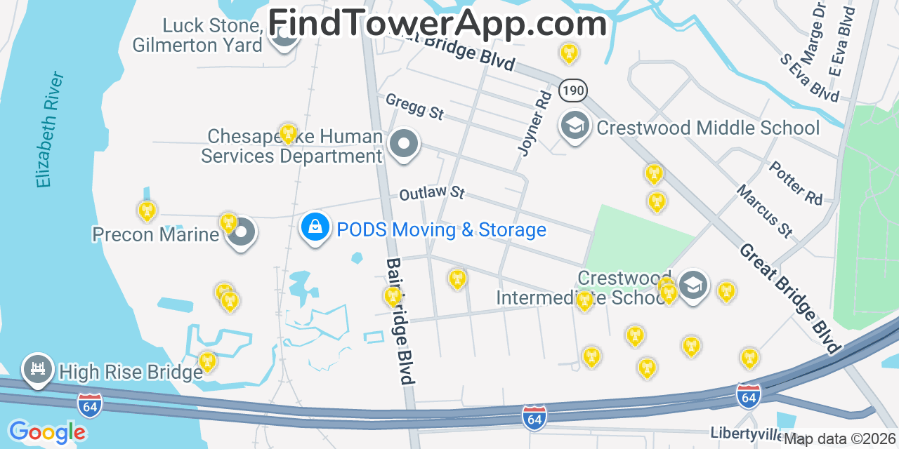 Map showing the 20 primary cell tower locations detected in Chesapeake, Virginia from AT&T, Verizon, and T-Mobile networks