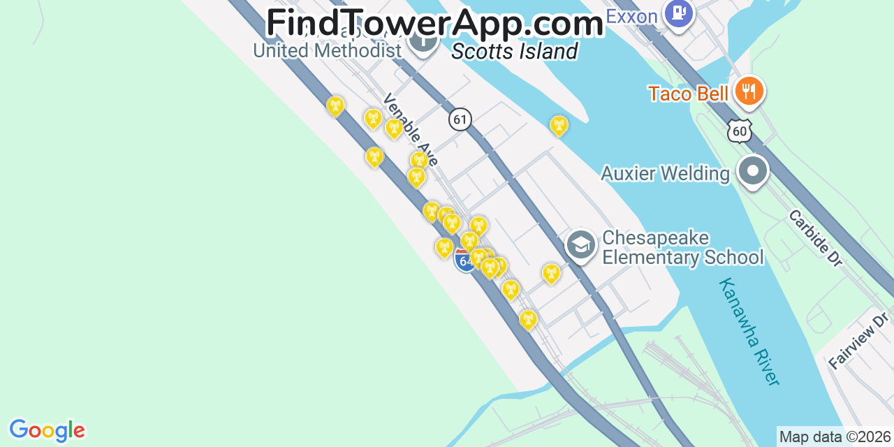 Map showing the 20 primary cell tower locations detected in Chesapeake, West Virginia from AT&T, Verizon, and T-Mobile networks