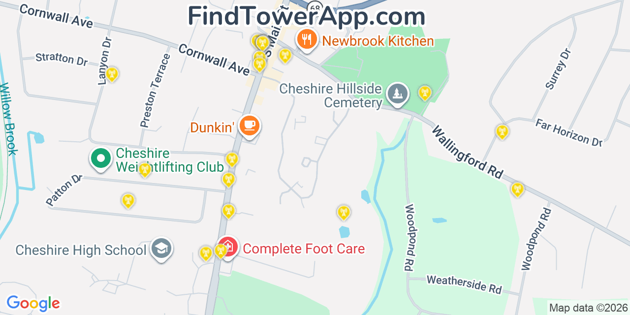 Map showing the 20 primary cell tower locations detected in Cheshire, Connecticut from AT&T, Verizon, and T-Mobile networks