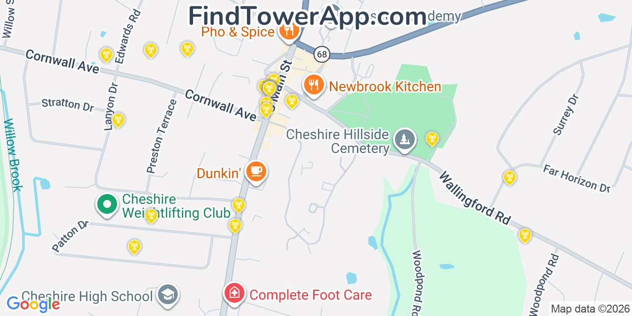 Map showing the 20 primary cell tower locations detected in Cheshire Village, Connecticut from AT&T, Verizon, and T-Mobile networks