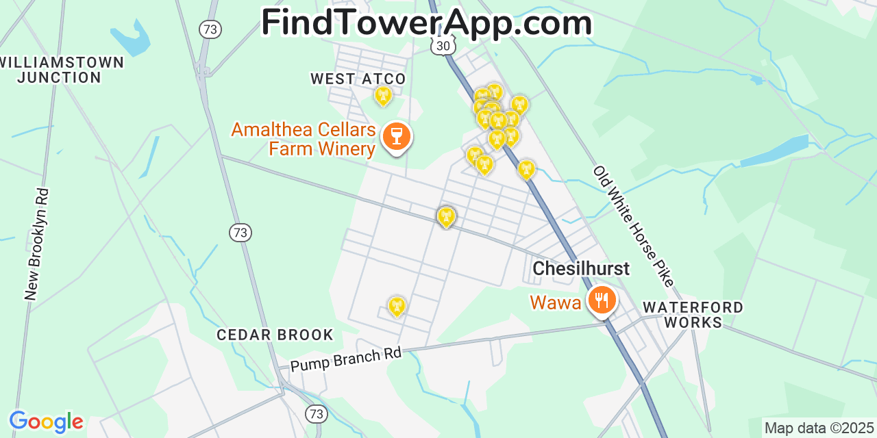 Map showing the 20 primary cell tower locations detected in Chesilhurst, New Jersey from AT&T, Verizon, and T-Mobile networks