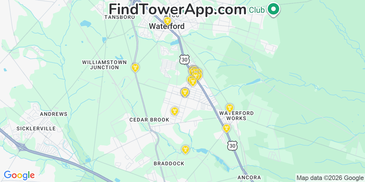 Map showing the 20 primary cell tower locations detected in Chesilhurst, New Jersey from AT&T, Verizon, and T-Mobile networks