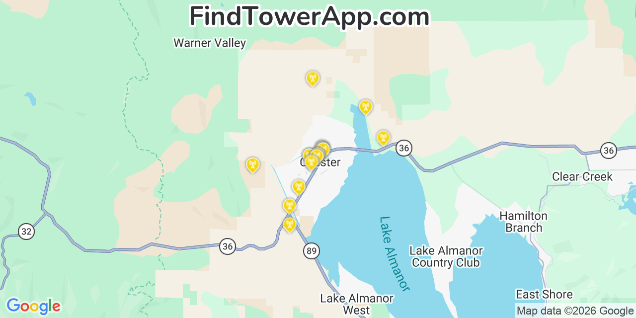 Map showing the 20 primary cell tower locations detected in Chester, California from AT&T, Verizon, and T-Mobile networks