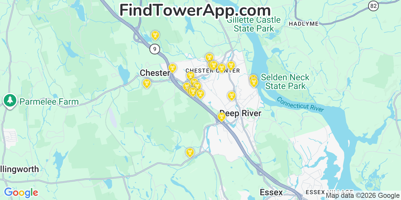Map showing the 20 primary cell tower locations detected in Chester Center, Connecticut from AT&T, Verizon, and T-Mobile networks