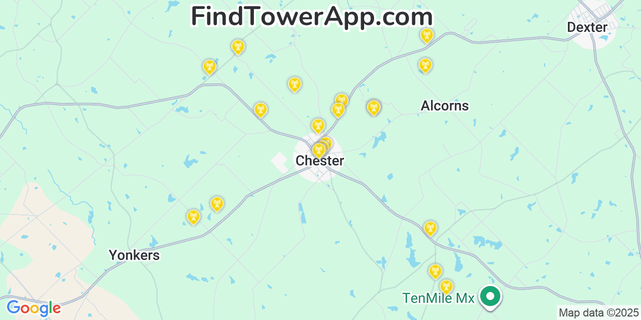 Map showing the 20 primary cell tower locations detected in Chester, Georgia from AT&T, Verizon, and T-Mobile networks