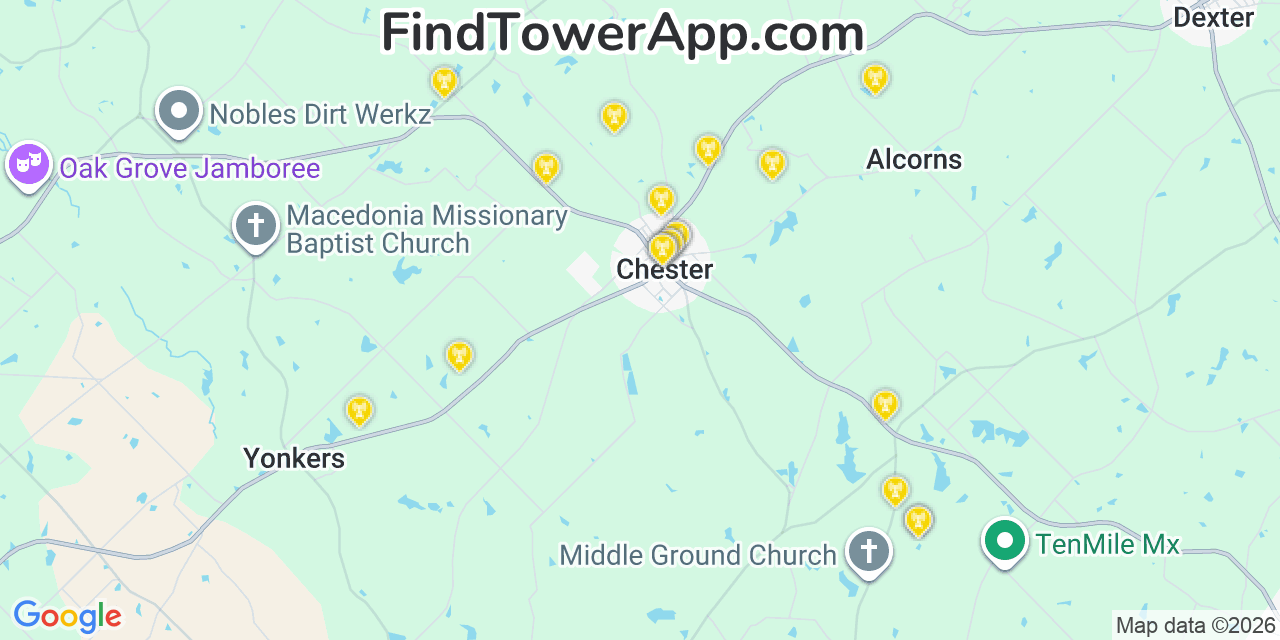 Map showing the 20 primary cell tower locations detected in Chester, Georgia from AT&T, Verizon, and T-Mobile networks
