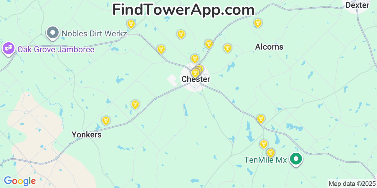 Map showing the 20 primary Mobitel cell tower locations detected in Chester, Georgia with coverage radius and signal strength indicators