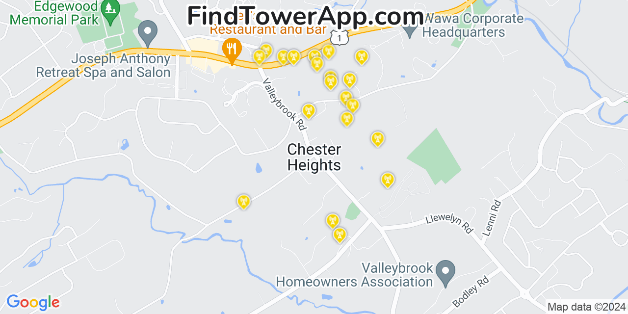 AT&T 4G/5G cell tower coverage map Chester Heights, Pennsylvania