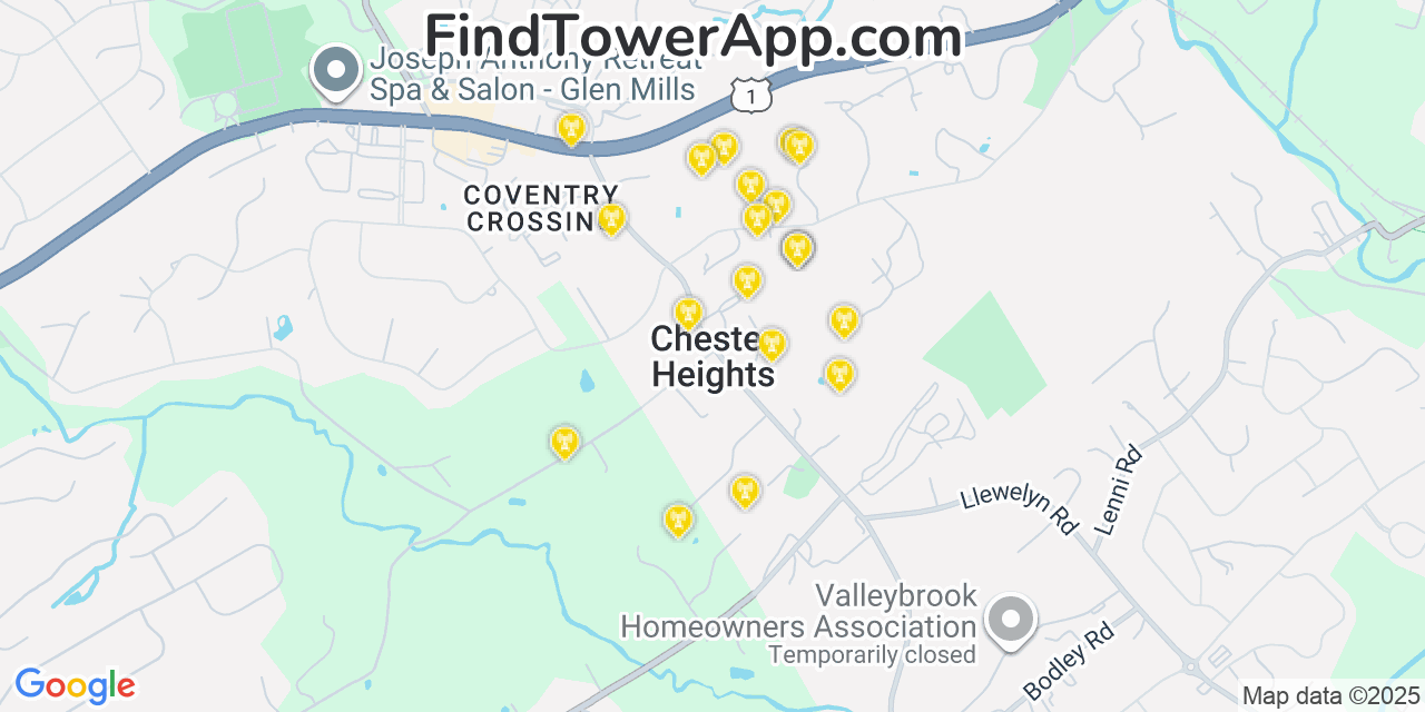 Map showing the 20 primary cell tower locations detected in Chester Heights, Pennsylvania from AT&T, Verizon, and T-Mobile networks