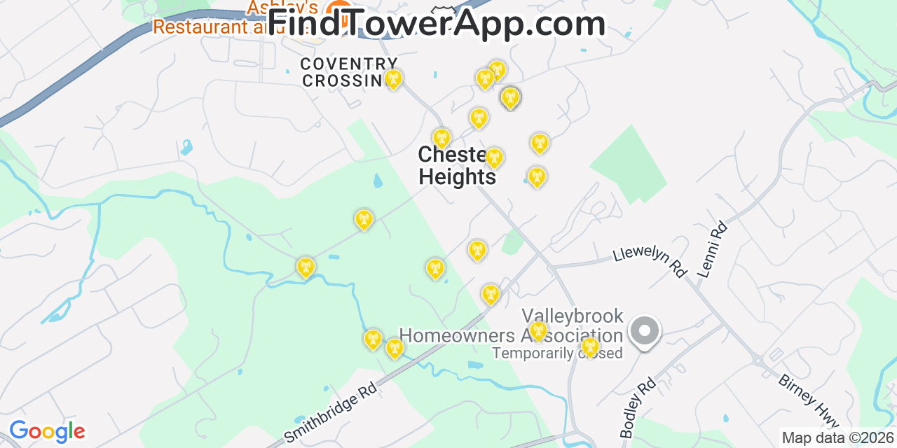 Map showing the 20 primary cell tower locations detected in Chester Heights, Pennsylvania from AT&T, Verizon, and T-Mobile networks