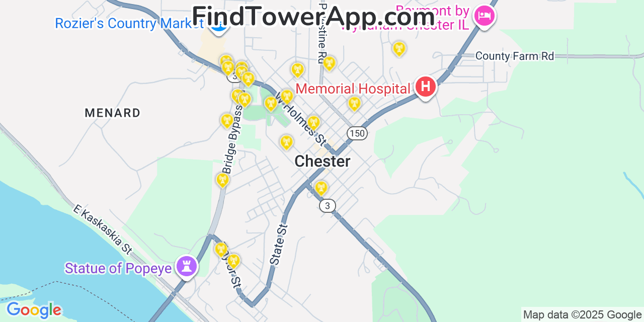 Map showing the 20 primary cell tower locations detected in Chester, Illinois from AT&T, Verizon, and T-Mobile networks