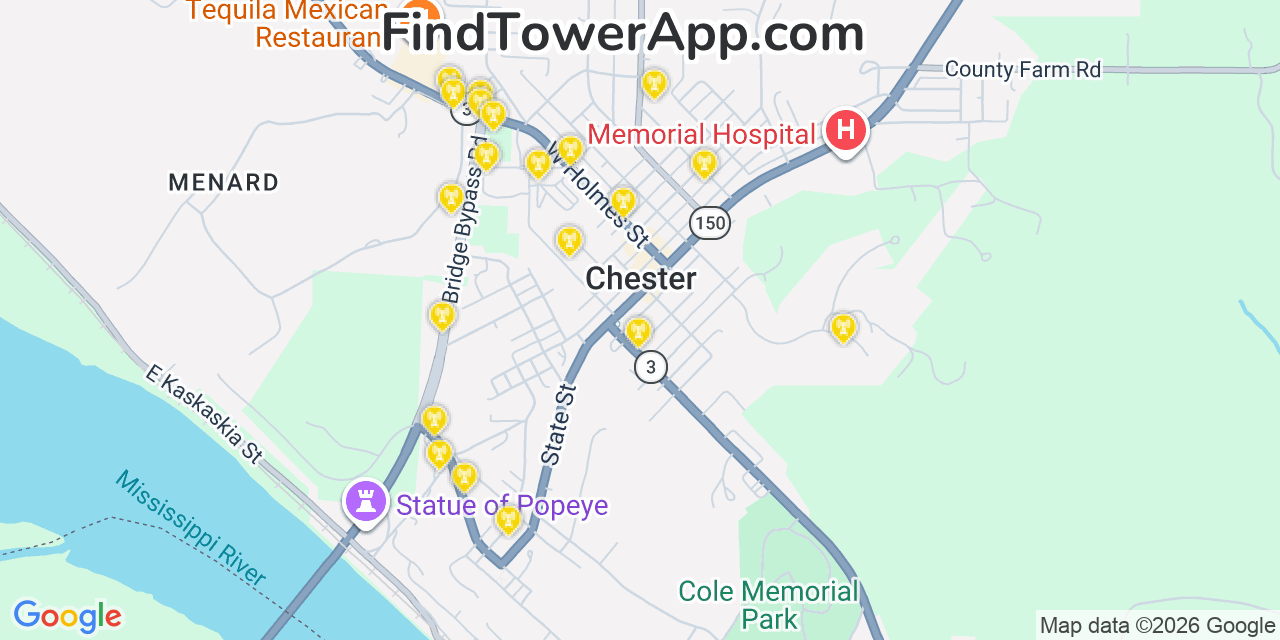 Map showing the 20 primary cell tower locations detected in Chester, Illinois from AT&T, Verizon, and T-Mobile networks