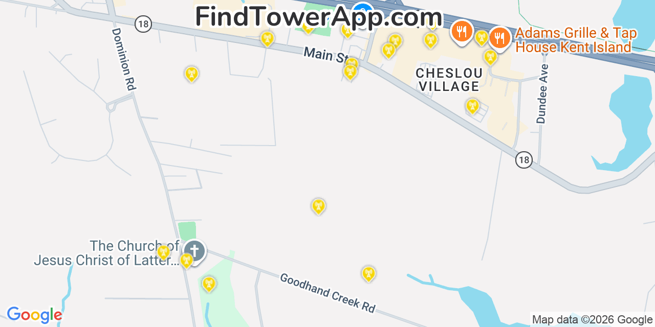 Map showing the 20 primary cell tower locations detected in Chester, Maryland from AT&T, Verizon, and T-Mobile networks