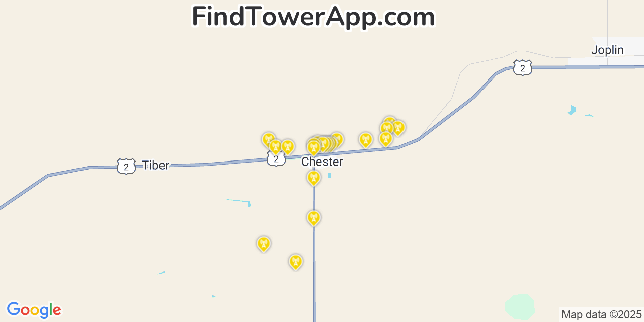 Map showing the 20 primary cell tower locations detected in Chester, Montana from AT&T, Verizon, and T-Mobile networks