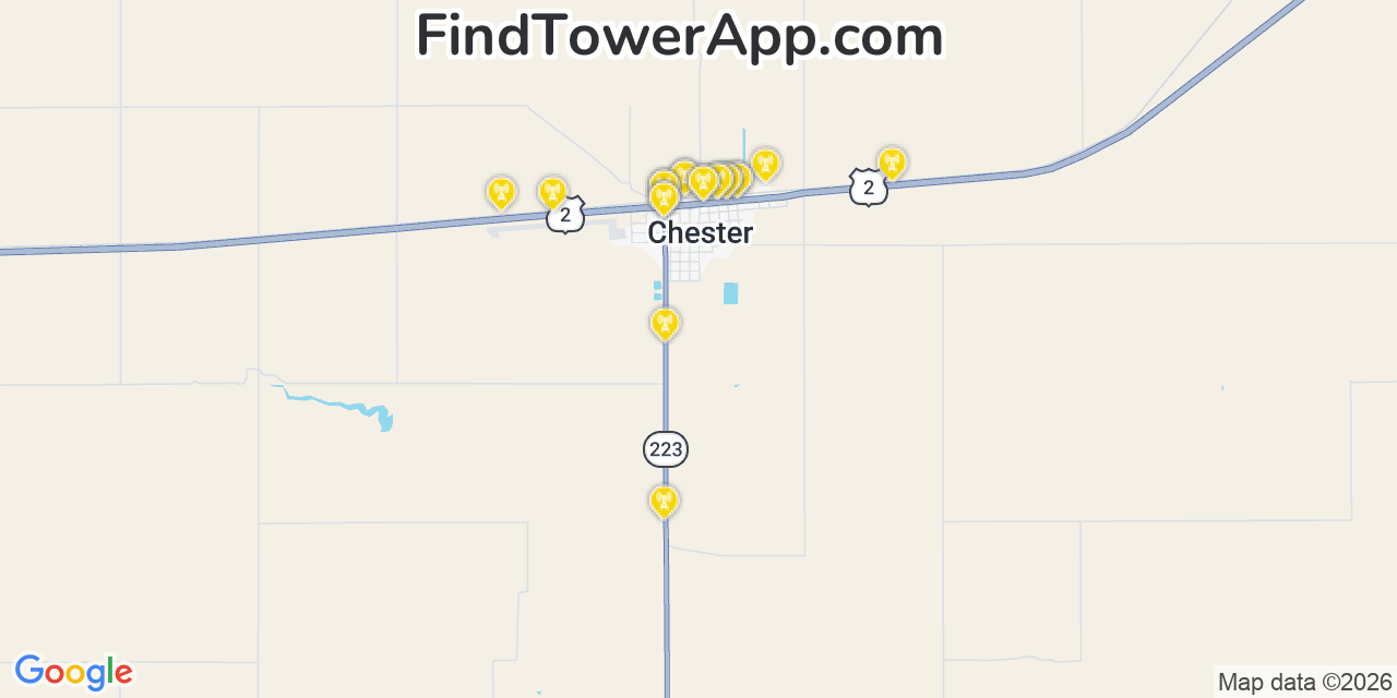 Map showing the 20 primary cell tower locations detected in Chester, Montana from AT&T, Verizon, and T-Mobile networks