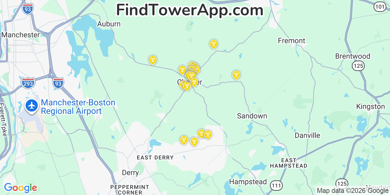 Map showing the 20 primary cell tower locations detected in Chester, New Hampshire from AT&T, Verizon, and T-Mobile networks